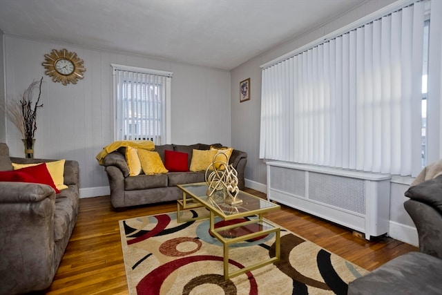 living room featuring dark wood-type flooring and radiator