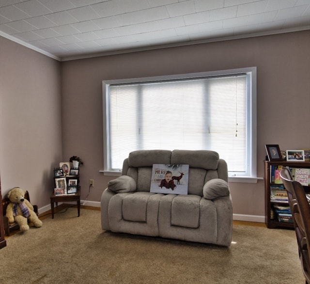 carpeted living room with ornamental molding