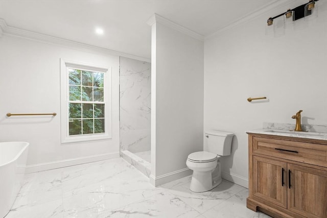 21 Greystone Rd Unit 2, Malden, MA 02148 - bathroom with marble look tiles, vanity, ornamental molding, a marble finish shower, and a soaking tub