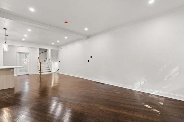 21 Greystone Rd Unit 2, Malden, MA 02148 - unfurnished living room with stairs, ornamental molding, dark wood-style flooring, and recessed lighting