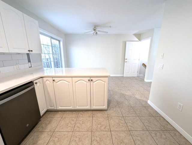 kitchen with dishwasher, a peninsula, light countertops, and a ceiling fan