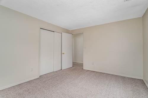 unfurnished bedroom featuring light carpet and a closet