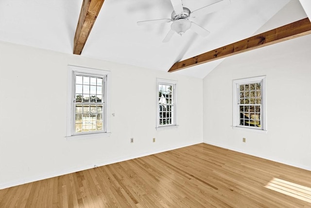 spare room with wood-type flooring, lofted ceiling with beams, and ceiling fan