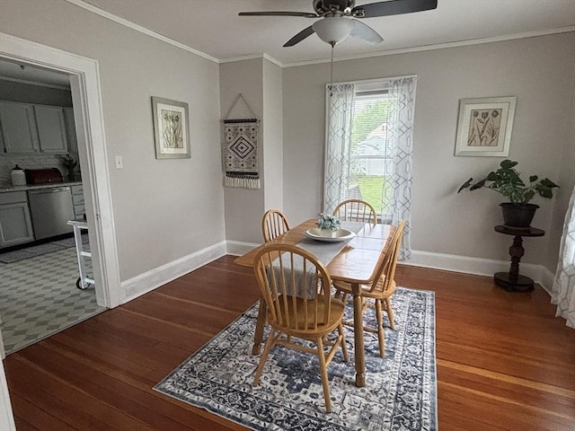 dining room with crown molding, baseboards, a ceiling fan, and wood finished floors