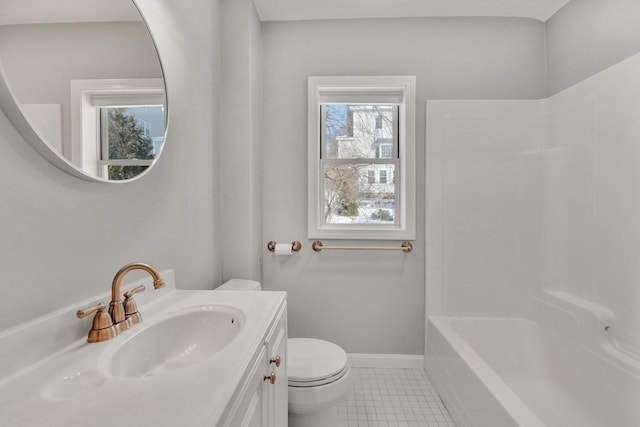 bathroom featuring vanity, tile patterned floors, toilet, and baseboards