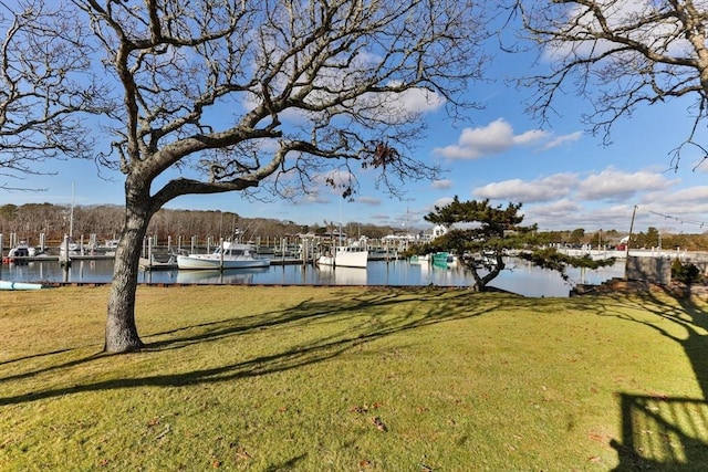 view of yard with a boat dock and a water view