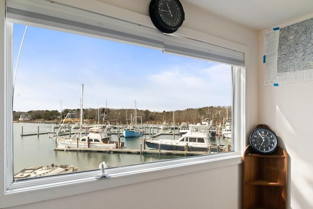 interior space with a water view