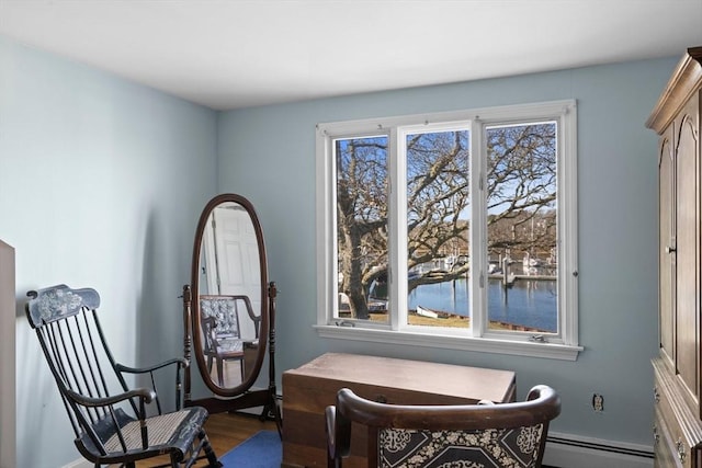 sitting room with a baseboard heating unit, a healthy amount of sunlight, and wood finished floors