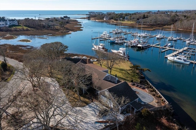 drone / aerial view with a water view