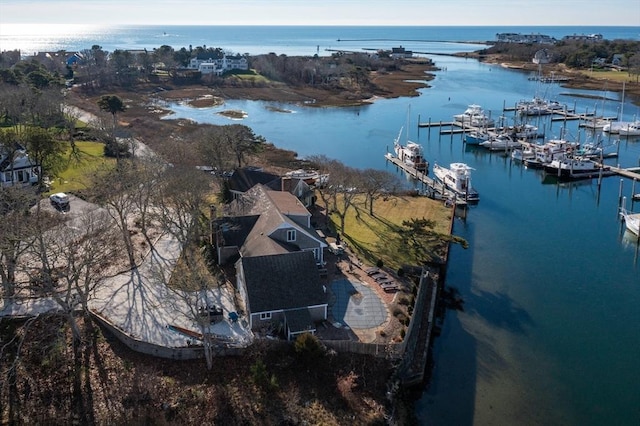 bird's eye view with a water view