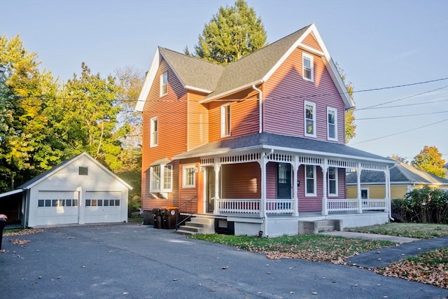 view of front of house with a porch, an outdoor structure, and a garage