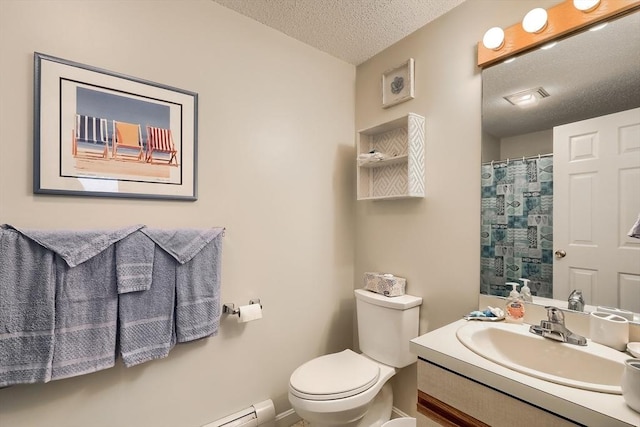 bathroom with a baseboard radiator, vanity, toilet, and a textured ceiling