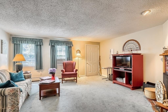 carpeted living room featuring a baseboard radiator and a textured ceiling