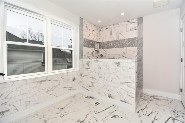 full bath with a walk in shower, marble finish floor, baseboards, and recessed lighting