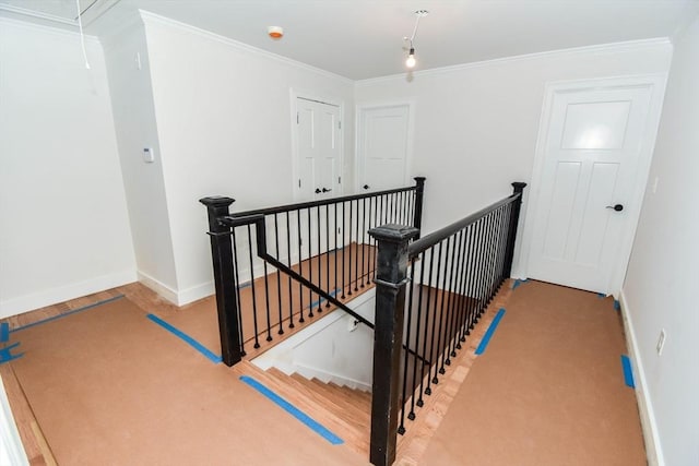 staircase featuring carpet, attic access, baseboards, and crown molding