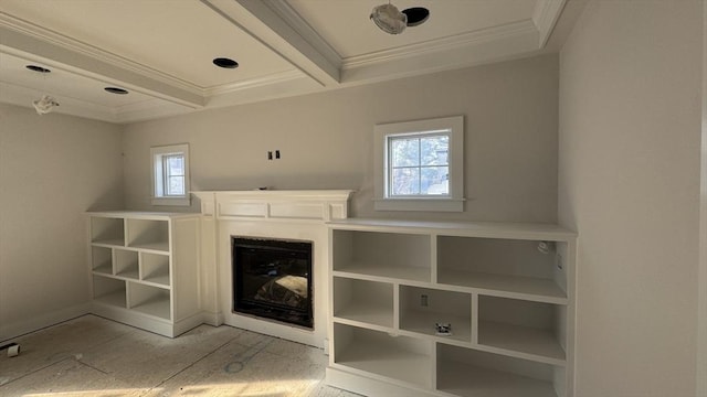 unfurnished living room featuring ornamental molding, beamed ceiling, a glass covered fireplace, and a healthy amount of sunlight