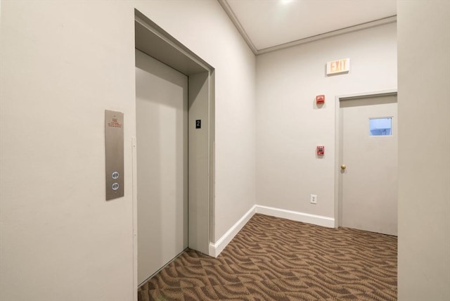 hall featuring baseboards, carpet flooring, and elevator