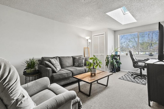 35 Prospect St Unit 313, Woburn, MA 01801 - living area featuring a skylight, carpet flooring, a textured ceiling, and baseboards