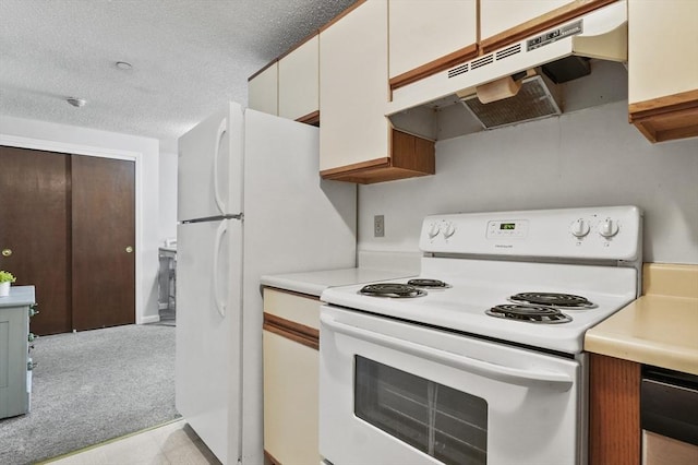 35 Prospect St Unit 313, Woburn, MA 01801 - kitchen with electric stove, under cabinet range hood, light countertops, light carpet, and a textured ceiling
