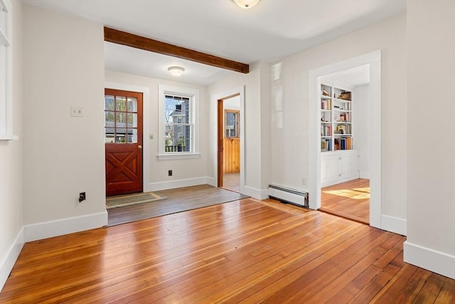 entrance foyer featuring a baseboard heating unit, beamed ceiling, hardwood / wood-style floors, and baseboards