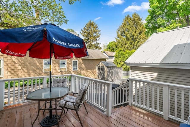 50 Walnut St, Northampton, MA 01060 - wooden terrace with a storage shed, an outdoor structure, and outdoor dining area