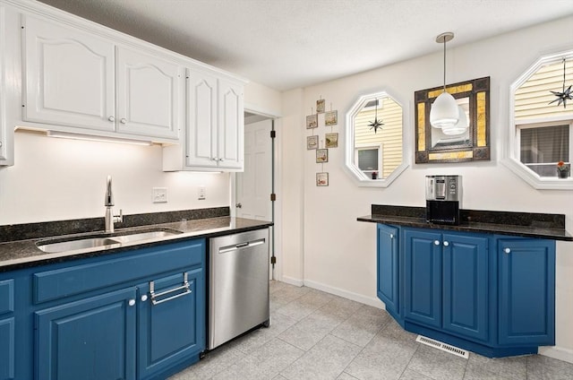 50 Walnut St, Northampton, MA 01060 - kitchen with a sink, stainless steel dishwasher, blue cabinetry, white cabinetry, and pendant lighting