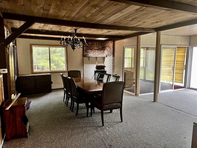 40 Papoose Lake Dr, Heath, MA 01346 - carpeted dining room featuring wood ceiling with exposed beams, a chandelier, plenty of natural light, and a baseboard heating unit