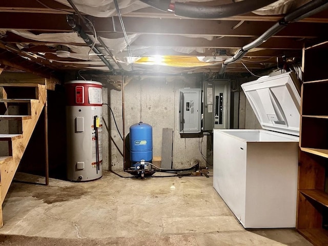 40 Papoose Lake Dr, Heath, MA 01346 - unfinished basement with a water pressure tank, water heater, and electric panel