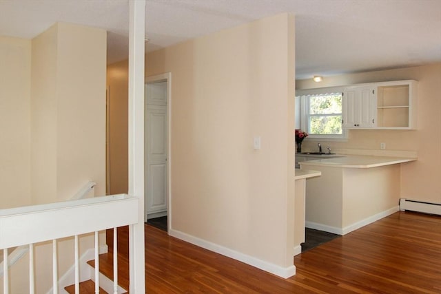 interior space featuring dark wood-type flooring, a baseboard radiator, and sink