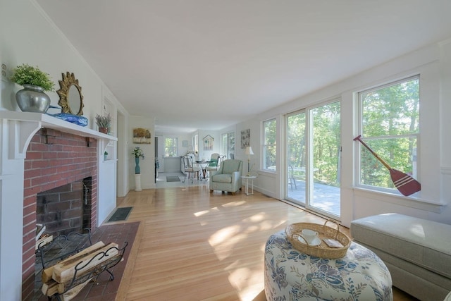 living room with a fireplace, ornamental molding, a healthy amount of sunlight, and light wood-type flooring