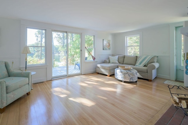 living room with light hardwood / wood-style floors and a wealth of natural light