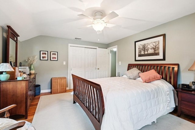 56 Conrad Rd, Melrose, MA 02176 - bedroom featuring wood finished floors, a closet, ceiling fan, and vaulted ceiling