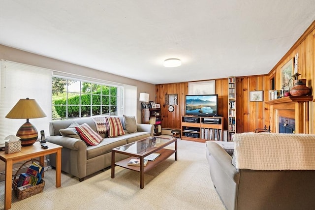 56 Conrad Rd, Melrose, MA 02176 - living area featuring wooden walls, light colored carpet, a fireplace, and a baseboard radiator