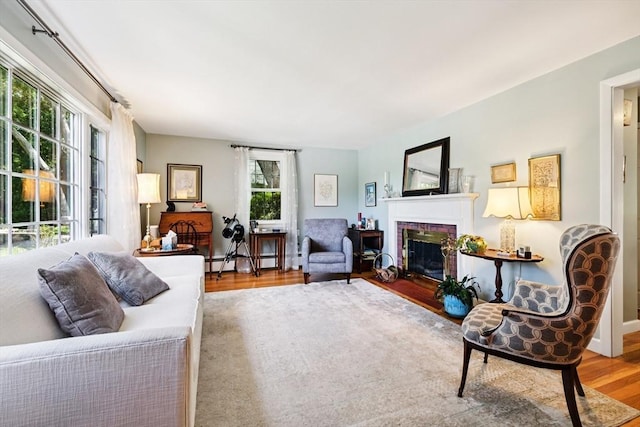 56 Conrad Rd, Melrose, MA 02176 - living room with a fireplace, wood finished floors, and baseboard heating