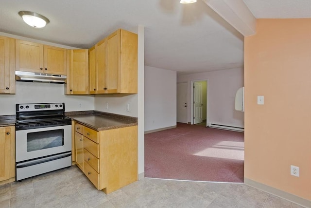11 Arbor Way Unit C, Holyoke, MA 01040 - kitchen featuring electric range, under cabinet range hood, a baseboard radiator, dark countertops, and light carpet
