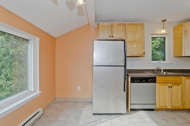 11 Arbor Way Unit C, Holyoke, MA 01040 - kitchen with stainless steel appliances, baseboard heating, dark countertops, and light brown cabinetry