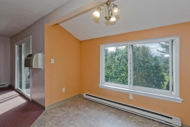11 Arbor Way Unit C, Holyoke, MA 01040 - unfurnished room with a baseboard heating unit, a chandelier, lofted ceiling, and a wall mounted air conditioner