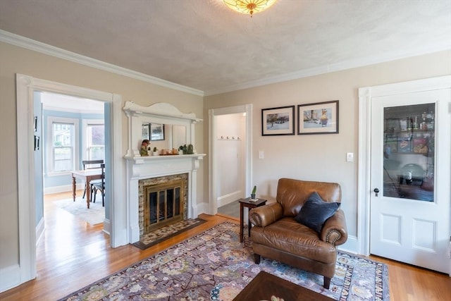 37 Chestnut St, Stoneham, MA 02180 - living area with wood finished floors, crown molding, a fireplace with flush hearth, and baseboards