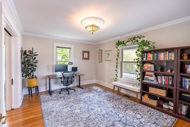 37 Chestnut St, Stoneham, MA 02180 - office area featuring crown molding, wood finished floors, baseboards, and a chandelier