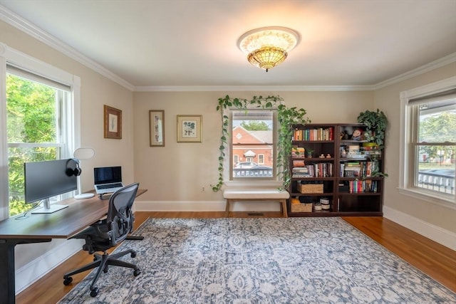 37 Chestnut St, Stoneham, MA 02180 - office area featuring wood finished floors, baseboards, and crown molding