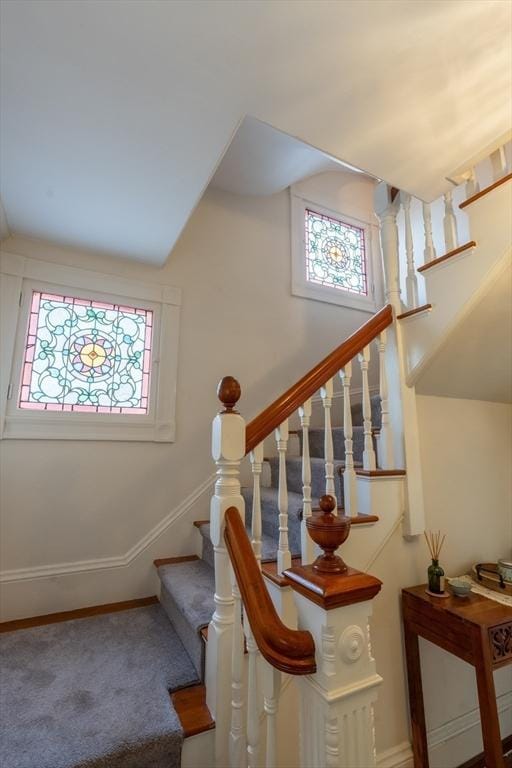 37 Chestnut St, Stoneham, MA 02180 - stairs featuring baseboards and carpet floors