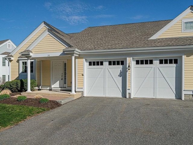 view of front facade with a porch, a garage, aphalt driveway, and roof with shingles