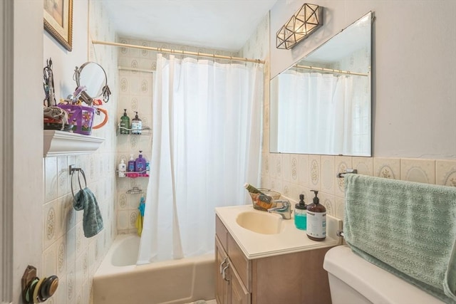 521 Pleasant St, Weymouth, MA 02190 - bathroom featuring tile walls, shower / bath combination with curtain, and vanity