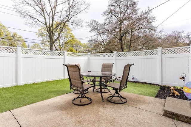 view of patio with outdoor dining space and a fenced backyard