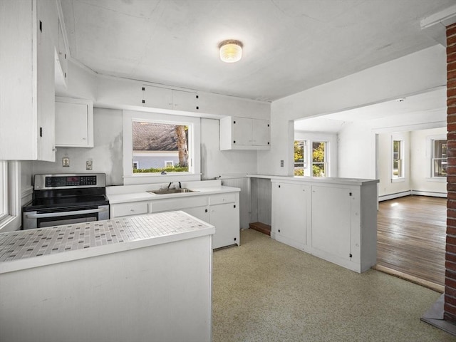 8 Rock Harbor Rd, Orleans, MA 02653 - kitchen featuring stainless steel electric range, a sink, a peninsula, light countertops, and white cabinetry