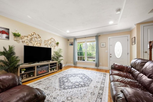 315 Bacon St Unit 1, Natick, MA 01760 - living area featuring ornamental molding, wood finished floors, baseboards, and recessed lighting