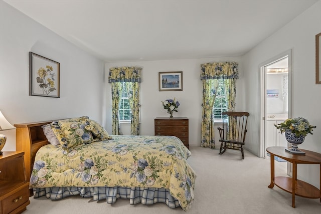 bedroom with ensuite bathroom and carpet