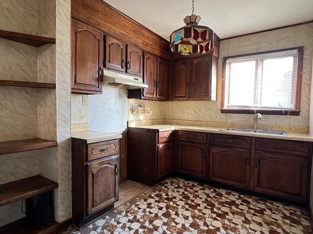 kitchen featuring hanging light fixtures, sink, and dark brown cabinets