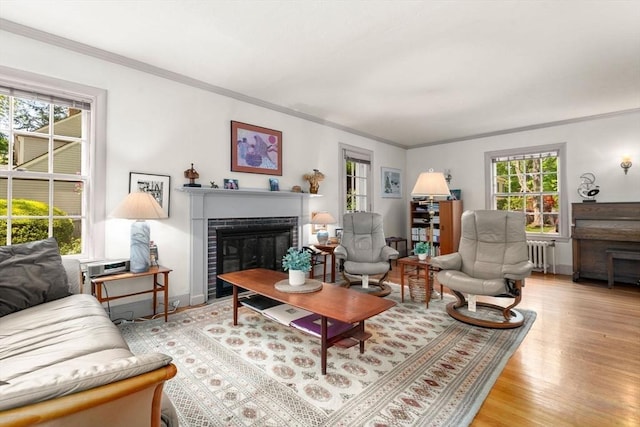 living area with a brick fireplace, radiator heating unit, ornamental molding, plenty of natural light, and wood finished floors