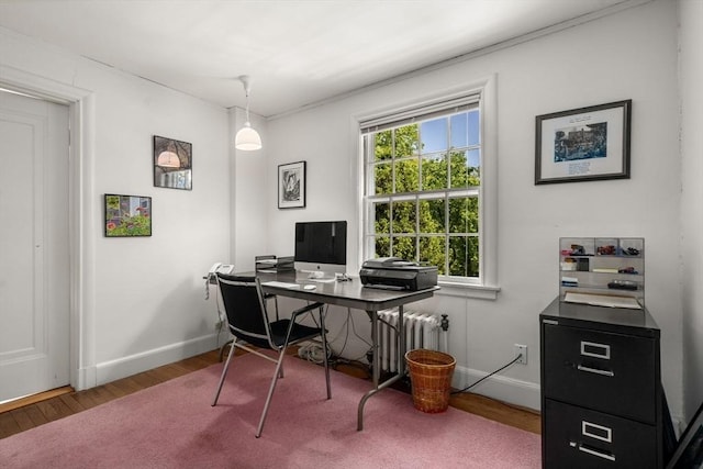 office space featuring wood finished floors, baseboards, and radiator
